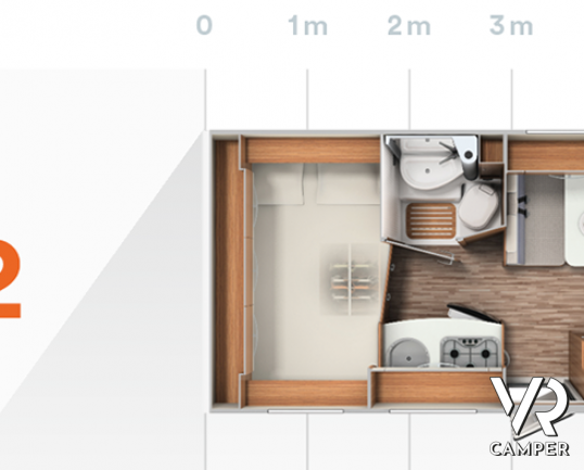 Carado T 132: camper semintegrale nuovo con letto matrimoniale posteriore, dinette trasformabile in terzo letto, sotto i sei metri di lunghezza.