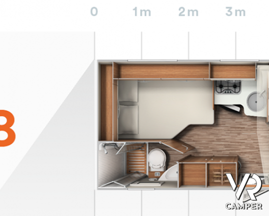 Carado T348: camper nuovo semintegrale con letto alla francese, ampio bagno e dinette, possibilità di portamoto esterno, produzione tedesco