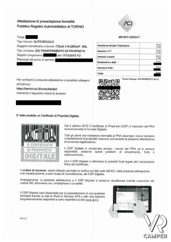 Nuovo certificato di proprietà del camper con qr code