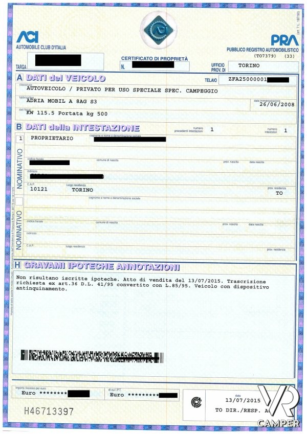 Vecchio certificato di proprietà del camper