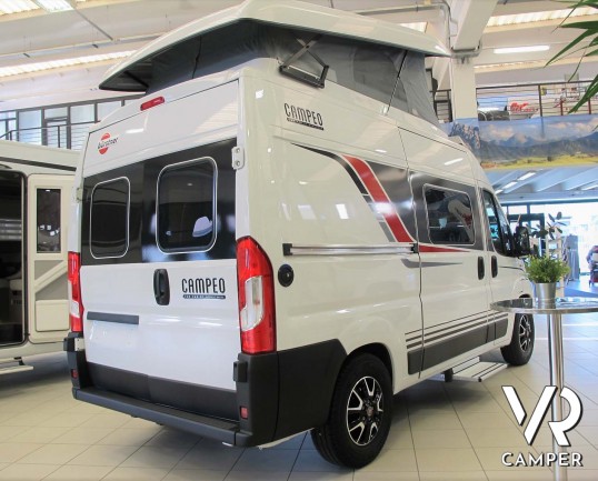 Burstner Campeo C 540 furgonato nuovo colore bianco con letto sul tetto, accessoriato con pacchetto Campeo + Active. Su Fiat Ducato 140 CV. Italia VR