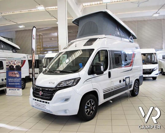 Burstner Campeo C 540 furgonato nuovo colore bianco con letto sul tetto, accessoriato con pacchetto Campeo + Active. Su Fiat Ducato 140 CV. Italia VR