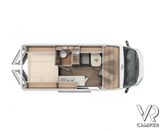 Carado CV 600: camper furgonato nuovo con letto matrimoniale trasversale posteriore, 3 posti letto, veranda, colore Grigio Ferro. Su Fiat Ducato 140 CV.