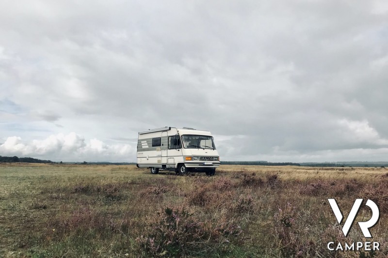 Hymer motorhome on a field in the wild nature
