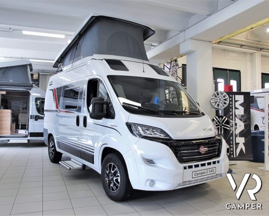 Burstner Campeo C 540 furgonato nuovo colore bianco con letto sul tetto, accessoriato con pacchetto Campeo + Active. Su Fiat Ducato 140 CV. Italia VR