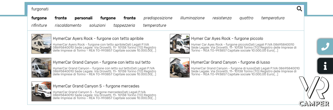 motore di ricerca semantico - sito VR Camper