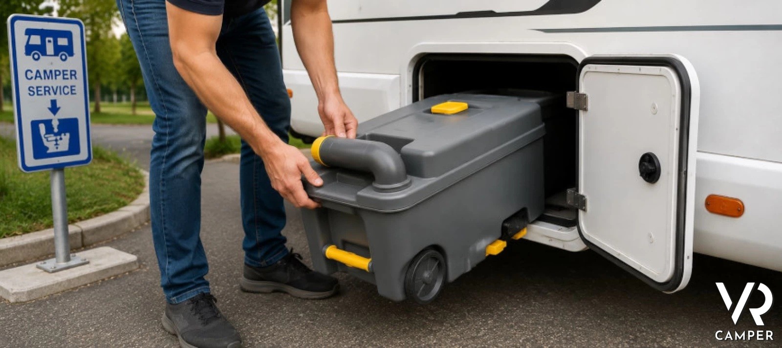 Estrazione della cassetta wc acque nere dall'apposito gavone, nell'area camper service dedicata al carico e scarico 